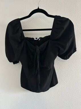 Gilly Square Neck Black Puff Sleeve Blouse with Front Tie